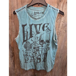 Helix Sleeveless Tank Shirt Adult Size Lrg "Live Fast" Skull & Spades Teal Blue